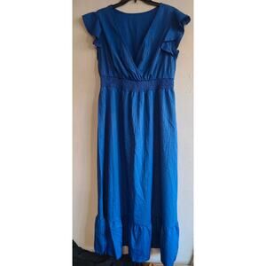 Women's XL 1X blue textured striped maxi long dress flutter sleeves